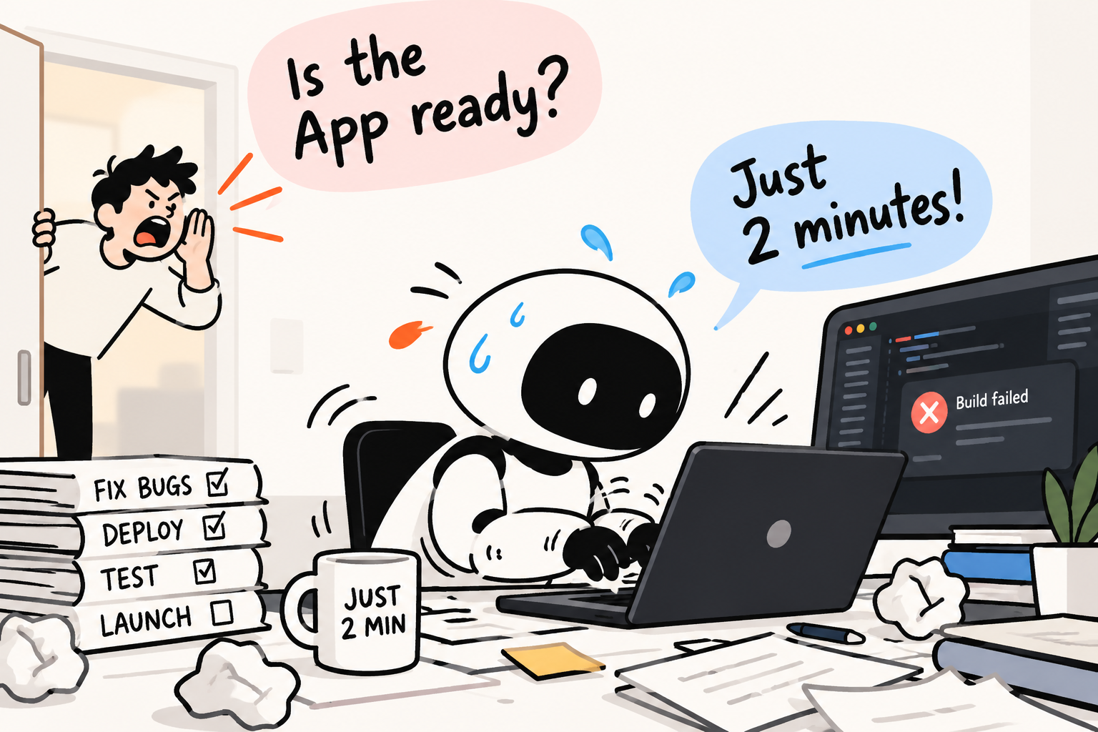 Illustration of an overworked little robot developer typing furiously with build error on screen, answering an impatient boss asking 'Is the App ready?' with 'Just 2 minutes!'